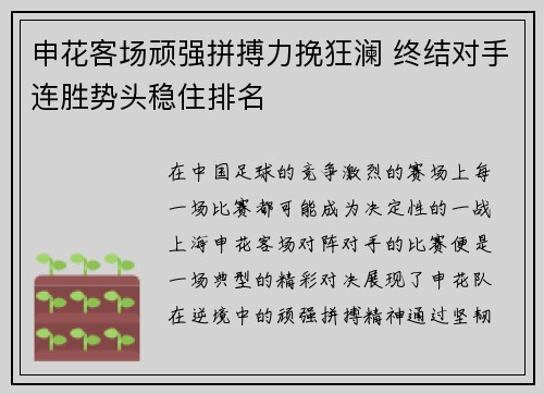 申花客场顽强拼搏力挽狂澜 终结对手连胜势头稳住排名